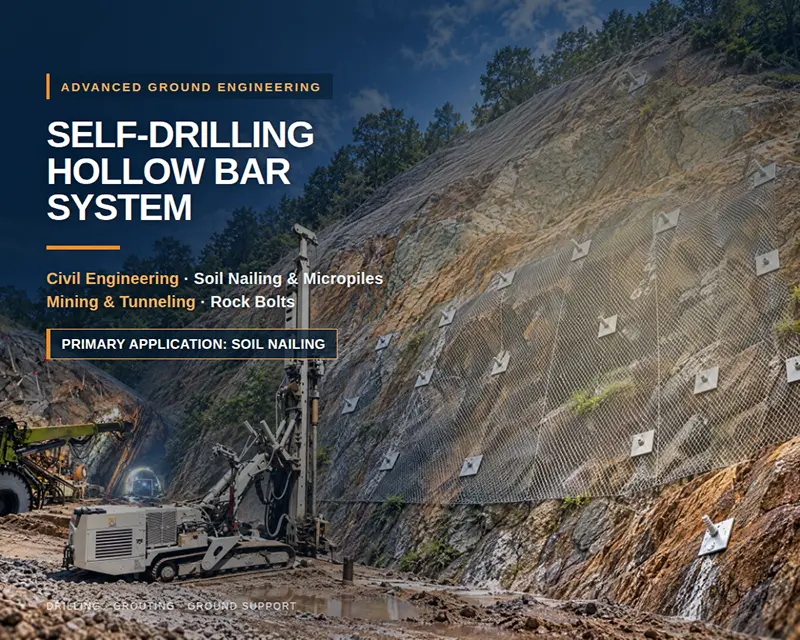 Self-drilling hollow bar soil nailing system with reinforcing mesh